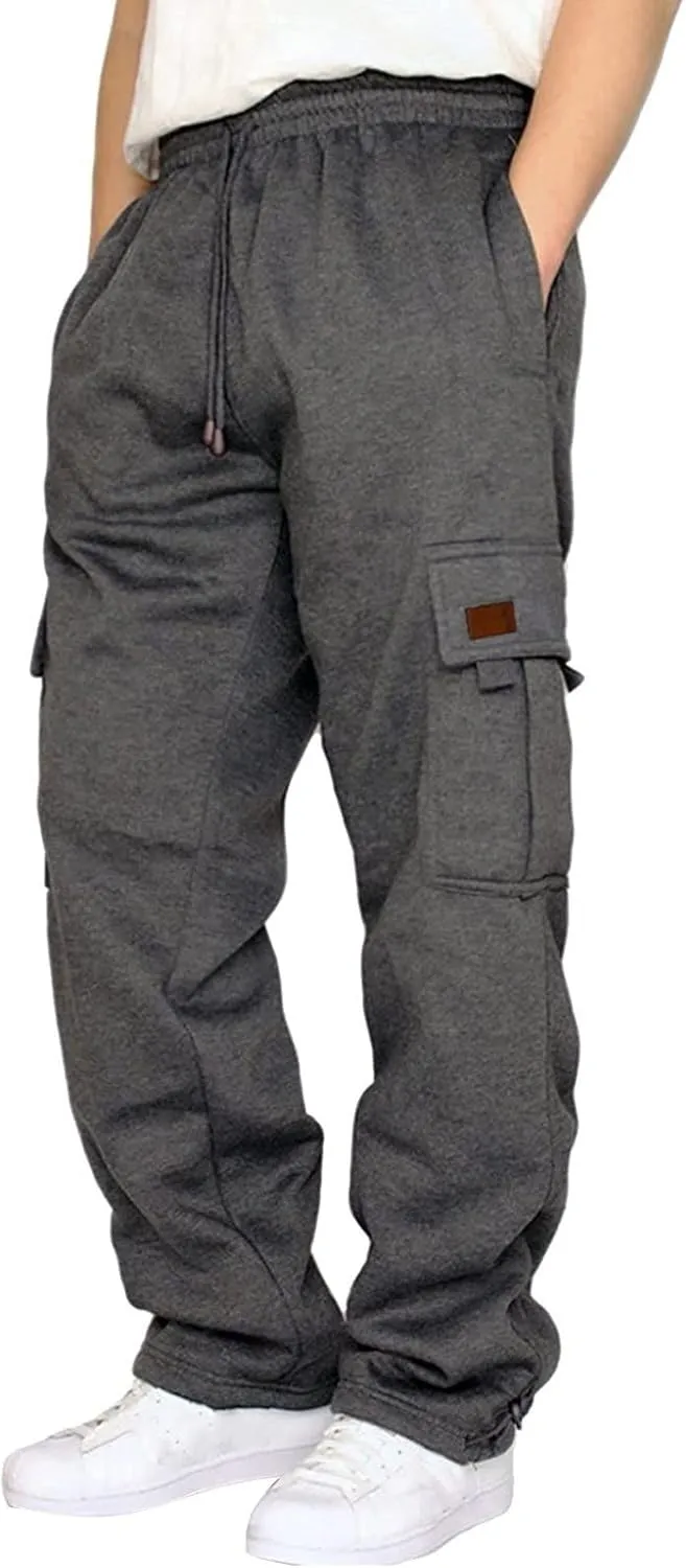 Mens Heavyweight Fleece Cargo Sweatpants Joggers Baggy Elastic Waist Drawstring Workout Pants with Pockets Winter