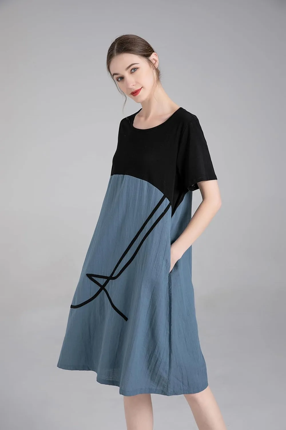 Minibee Women's Linen Casual Dress Summer Short Sleeve Midi A-line Boho Tunic Dresses with Pockets