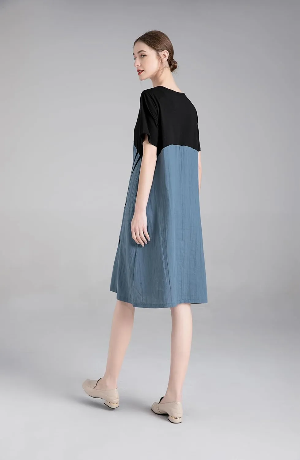Minibee Women's Linen Casual Dress Summer Short Sleeve Midi A-line Boho Tunic Dresses with Pockets