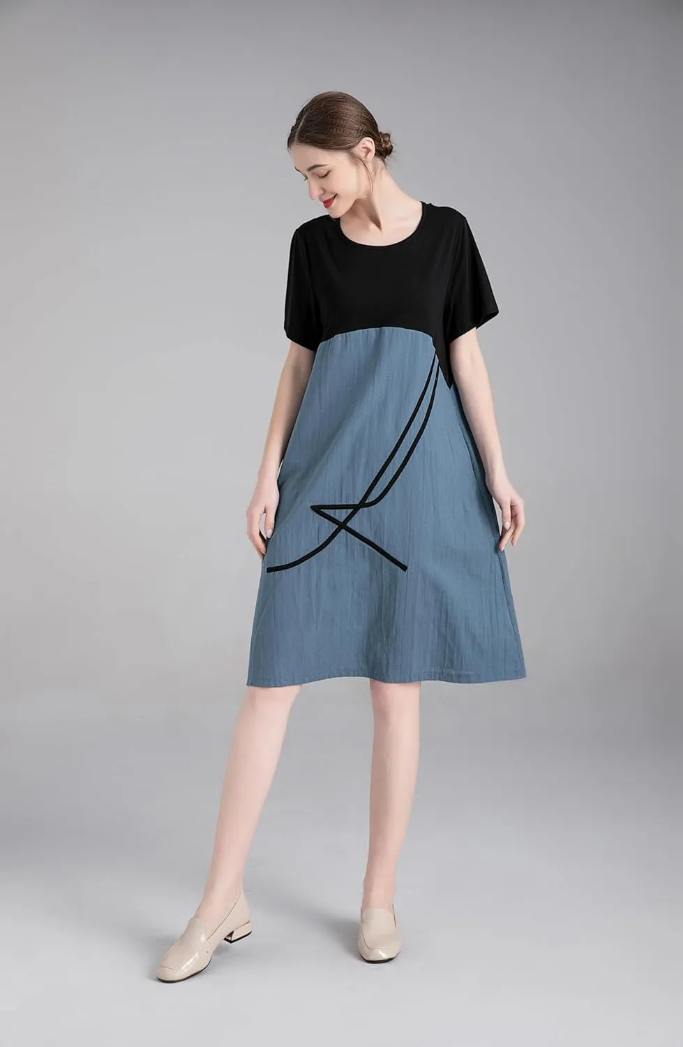 Minibee Women's Linen Casual Dress Summer Short Sleeve Midi A-line Boho Tunic Dresses with Pockets