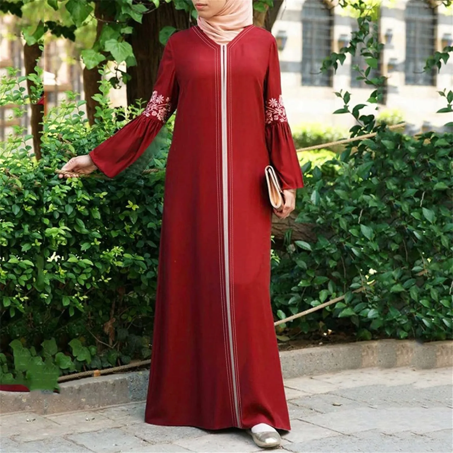 Muslim Abaya Dresses for Women V Neck Kaftan Islamic Prayer Robe Embroidered Floor Dress Eid Thobe Evening Dresses