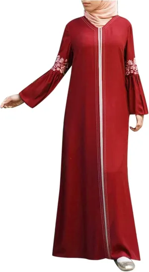 Muslim Abaya Dresses for Women V Neck Kaftan Islamic Prayer Robe Embroidered Floor Dress Eid Thobe Evening Dresses