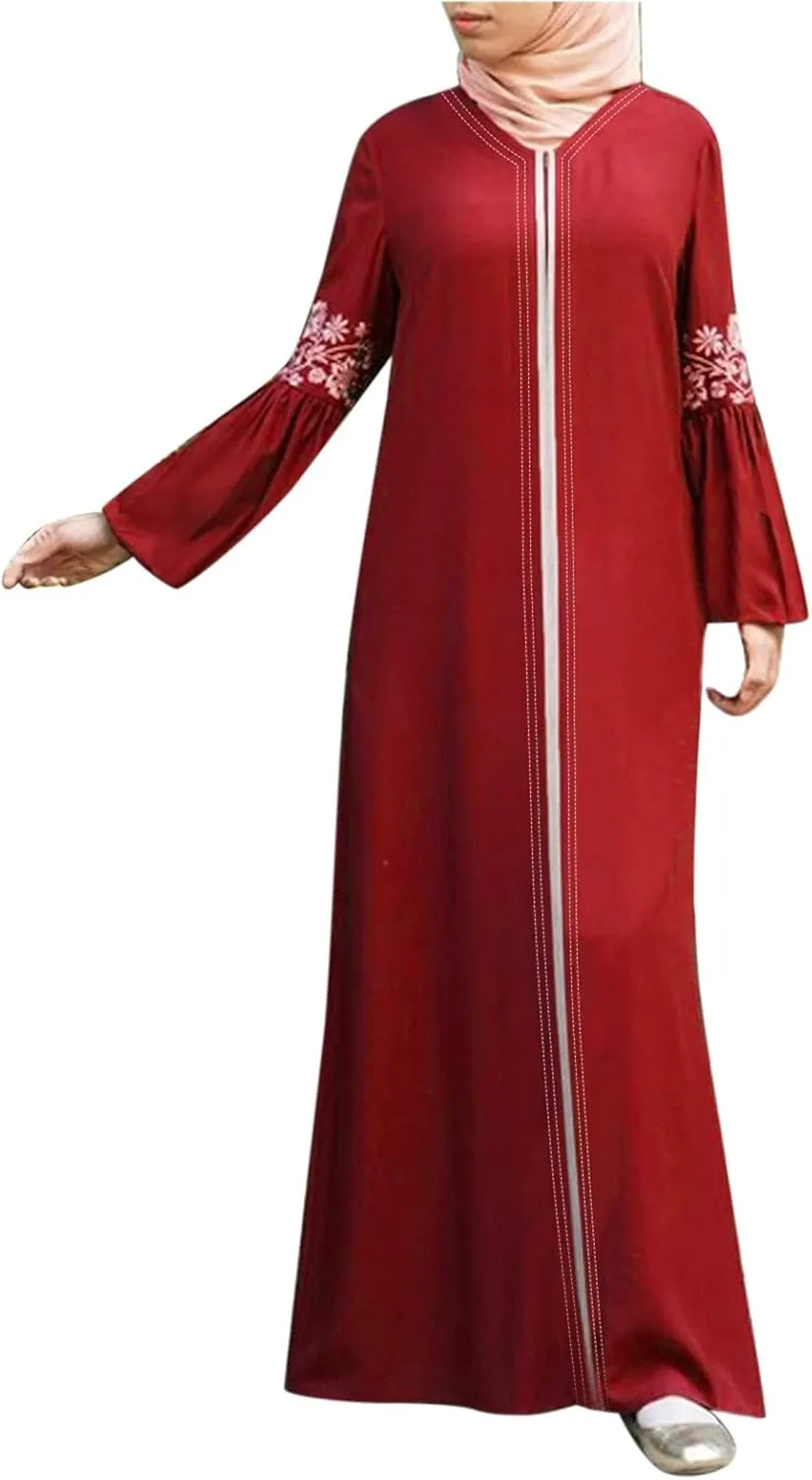 Muslim Abaya Dresses for Women V Neck Kaftan Islamic Prayer Robe Embroidered Floor Dress Eid Thobe Evening Dresses