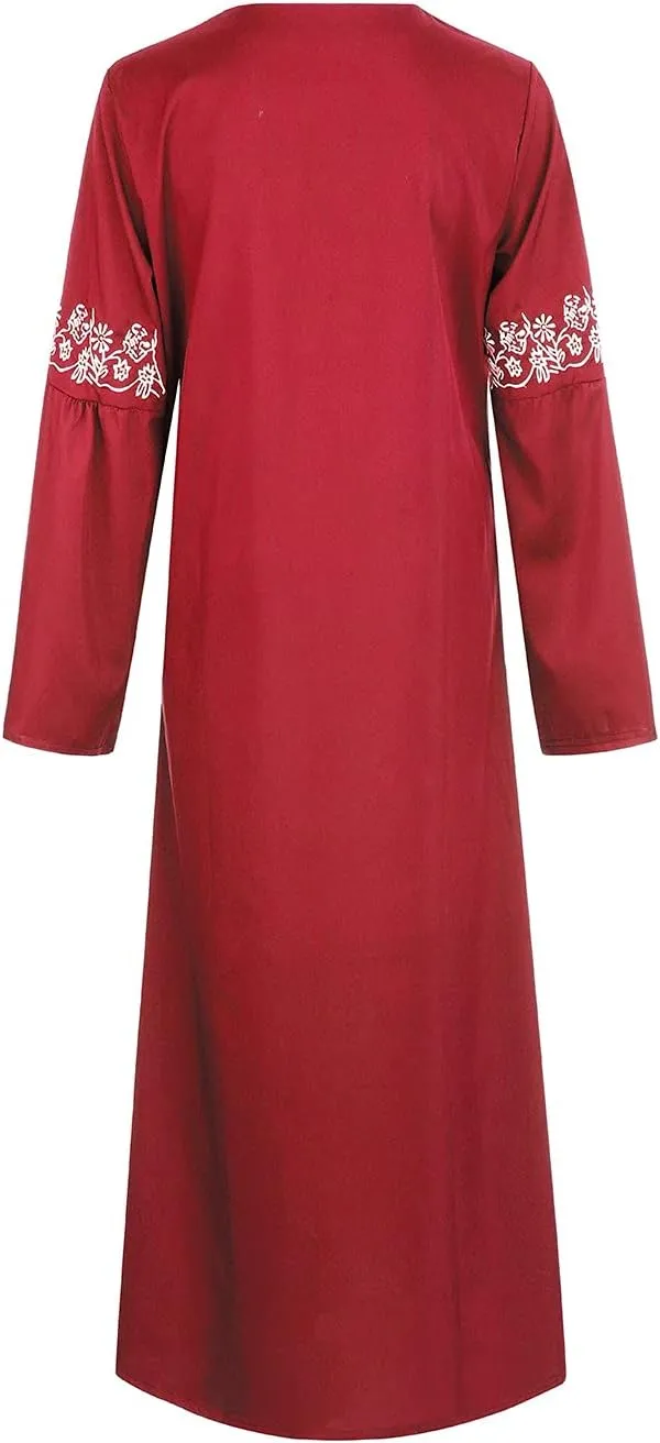 Muslim Abaya Dresses for Women V Neck Kaftan Islamic Prayer Robe Embroidered Floor Dress Eid Thobe Evening Dresses