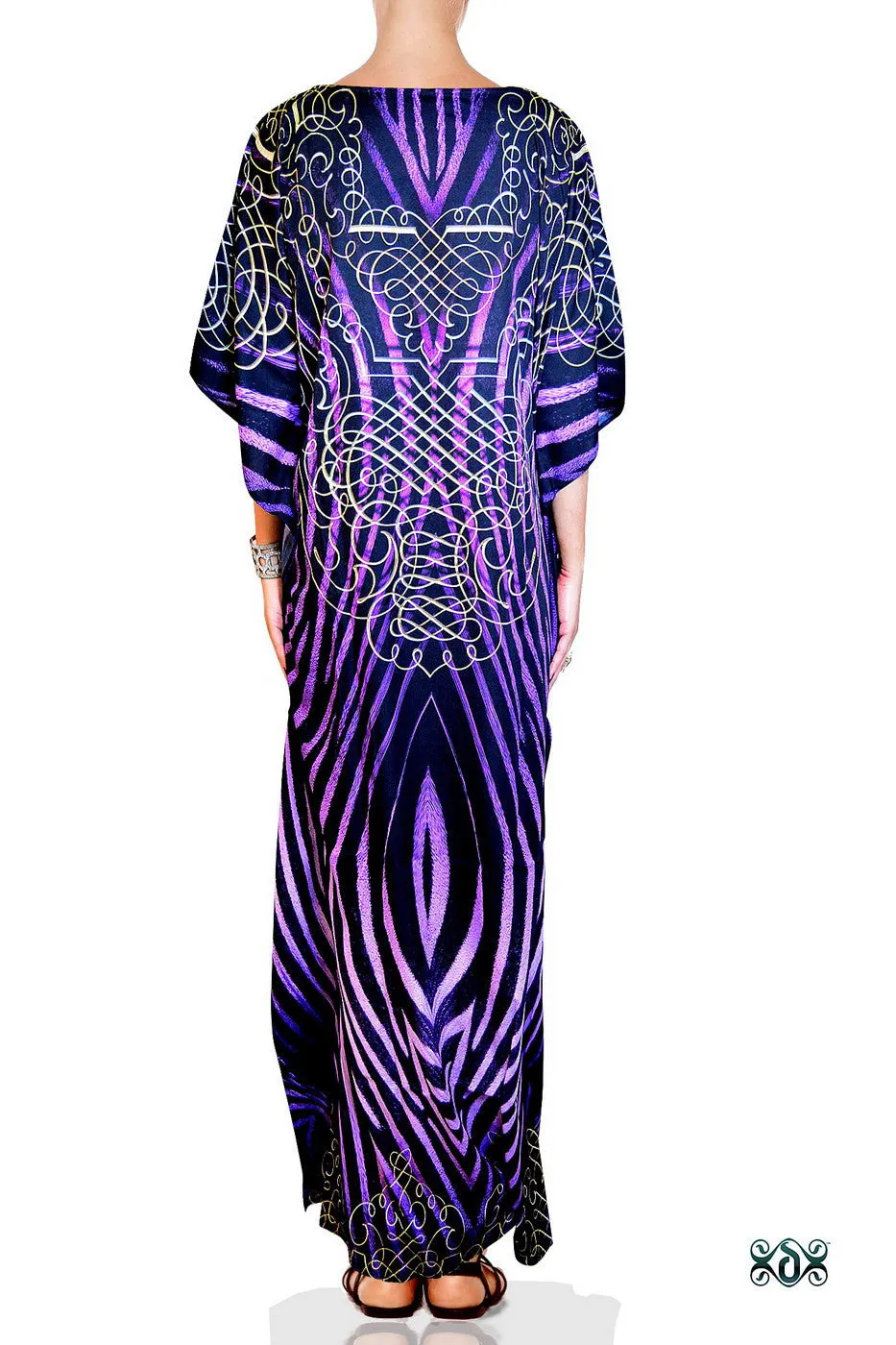NATURE MORTE Purple Stripes Devarshy Round Neck Long Embellished Kaftan - 1036C