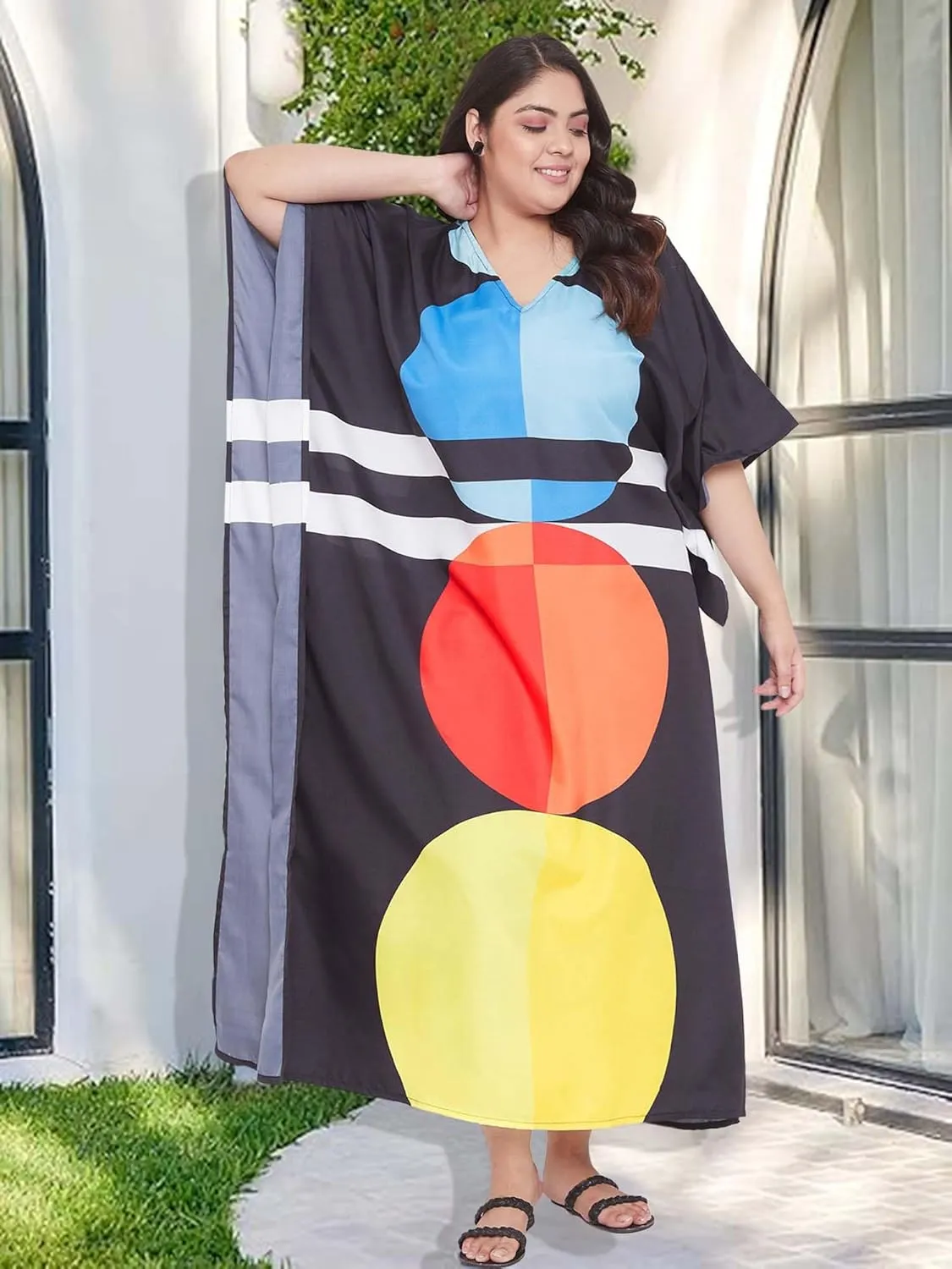 Oussum Women Polyester Casual Kaftan Long Plus Size Summer Beach Caftan Cover Ups Maxi Dresse for Ladies