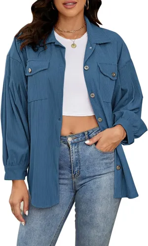 Plus Size Corduroy Jacket for Women Casual Long Sleeve Button Down Shacket Jacket