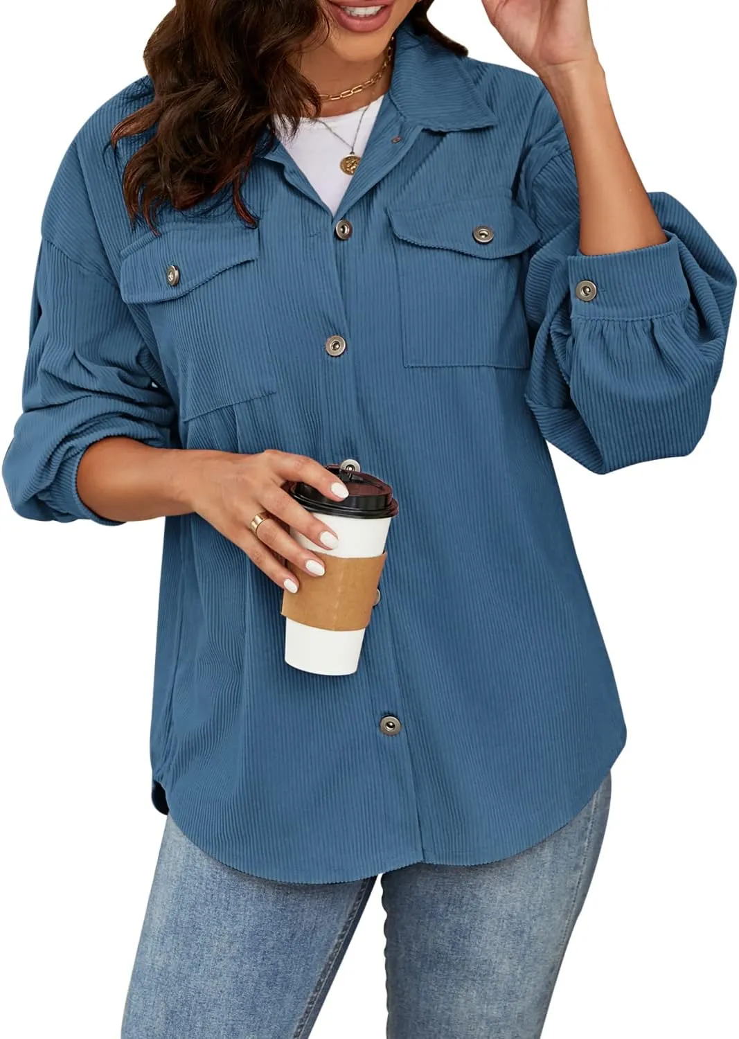 Plus Size Corduroy Jacket for Women Casual Long Sleeve Button Down Shacket Jacket