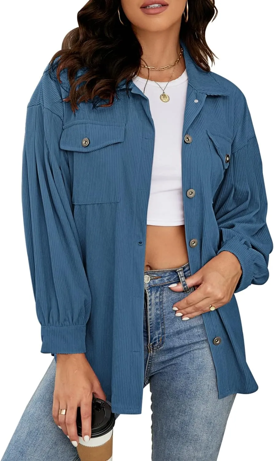 Plus Size Corduroy Jacket for Women Casual Long Sleeve Button Down Shacket Jacket
