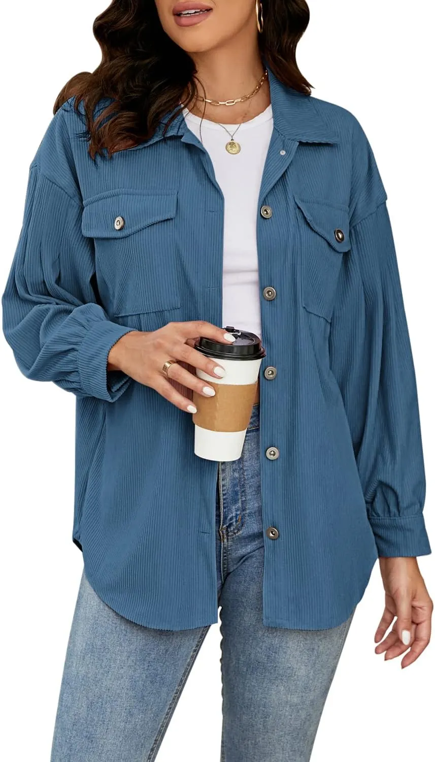 Plus Size Corduroy Jacket for Women Casual Long Sleeve Button Down Shacket Jacket