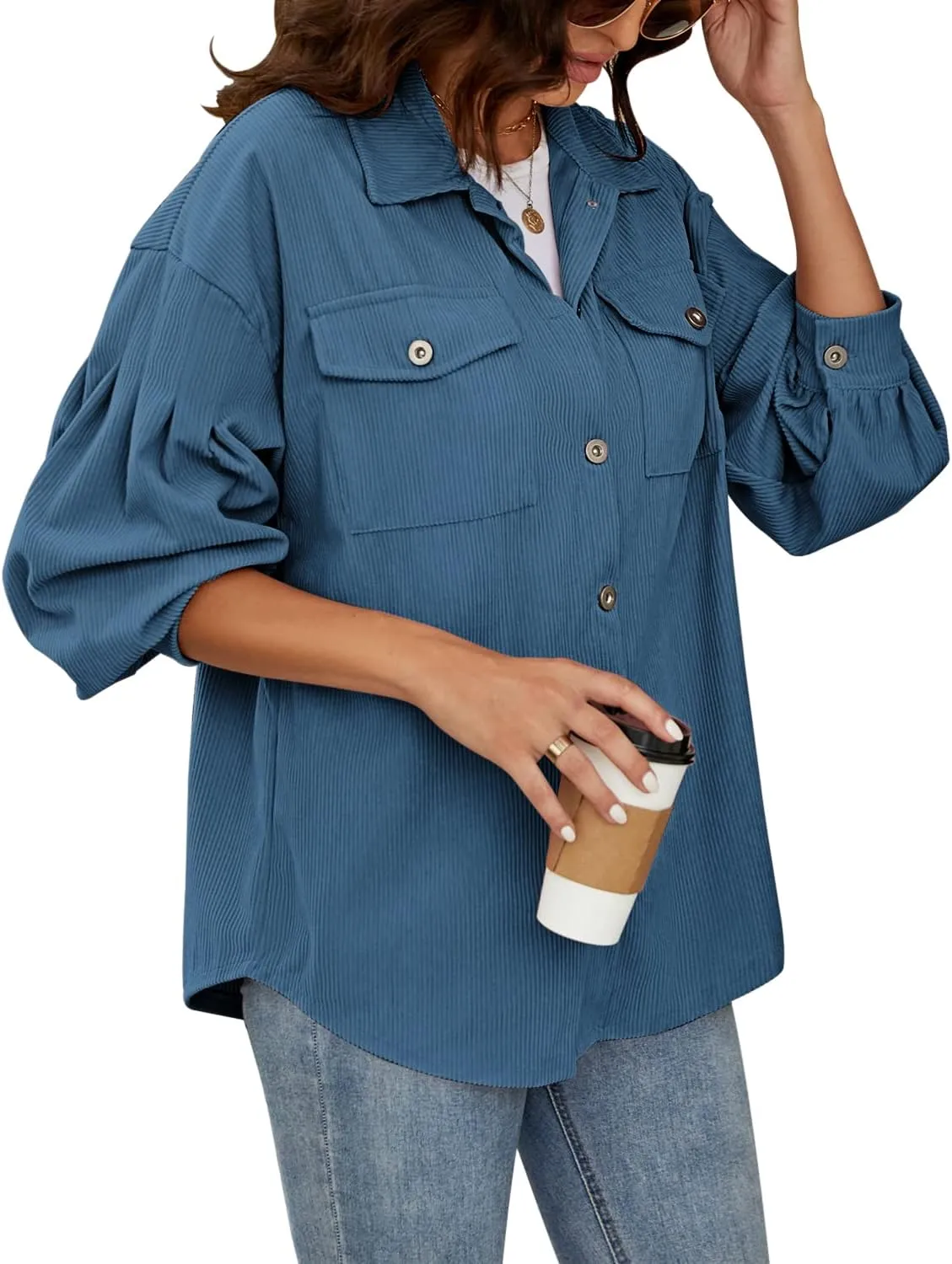 Plus Size Corduroy Jacket for Women Casual Long Sleeve Button Down Shacket Jacket