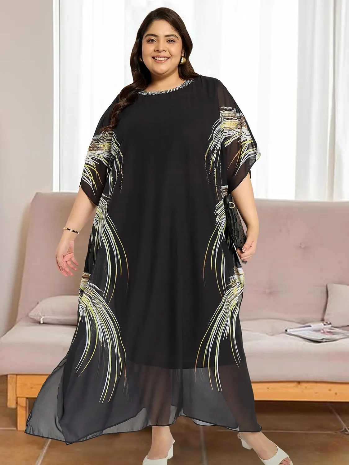 Plus Size Round Neck Kaftan Dress for Women Georgette Kimono Sleeve Maxi Dresses Party Gown