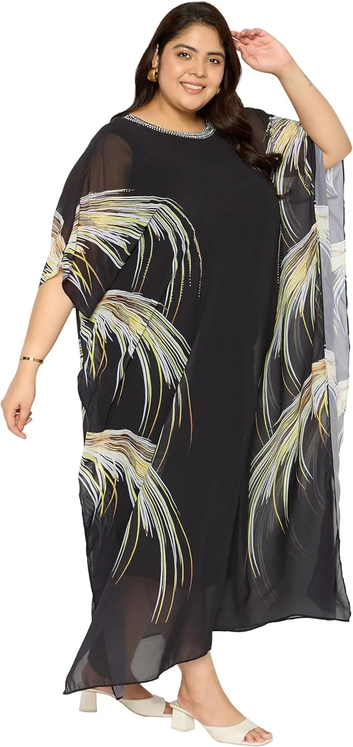 Plus Size Round Neck Kaftan Dress for Women Georgette Kimono Sleeve Maxi Dresses Party Gown