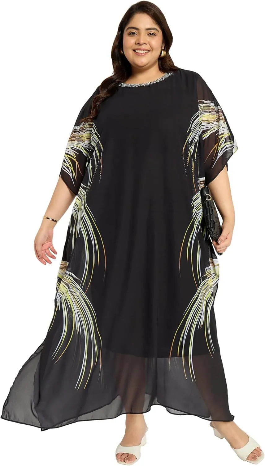 Plus Size Round Neck Kaftan Dress for Women Georgette Kimono Sleeve Maxi Dresses Party Gown