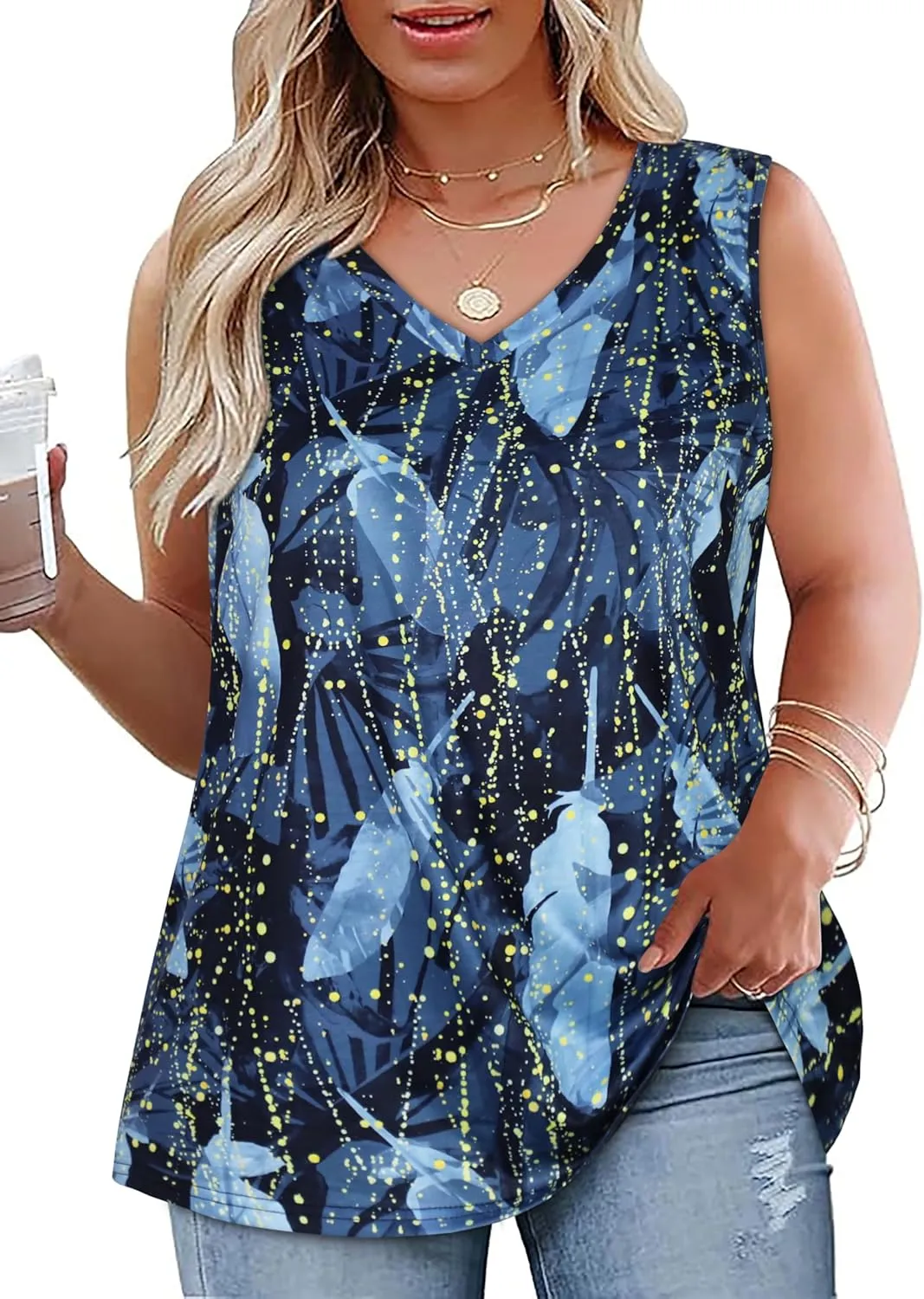 Plus Size Tanks Women Summer Top V Neck Sleeveless Top Loose Fit Tee Workout Shirts