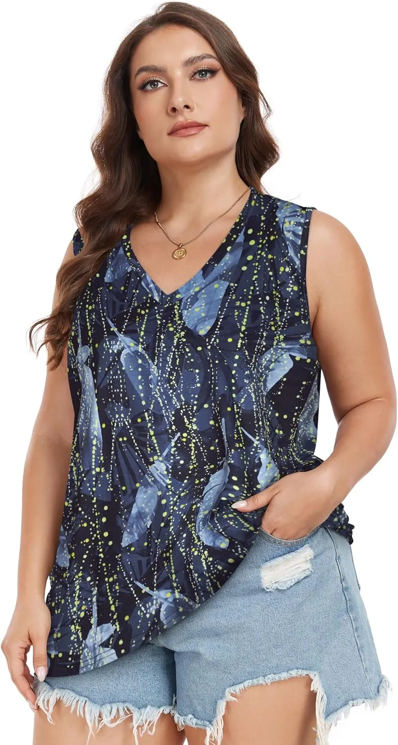 Plus Size Tanks Women Summer Top V Neck Sleeveless Top Loose Fit Tee Workout Shirts