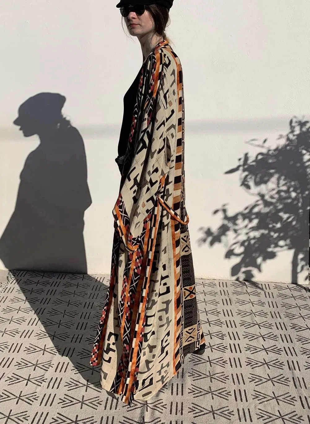RanRui Beach cover up over sized kimonos Women's geometry Print Rayon kimonos with belt for summer