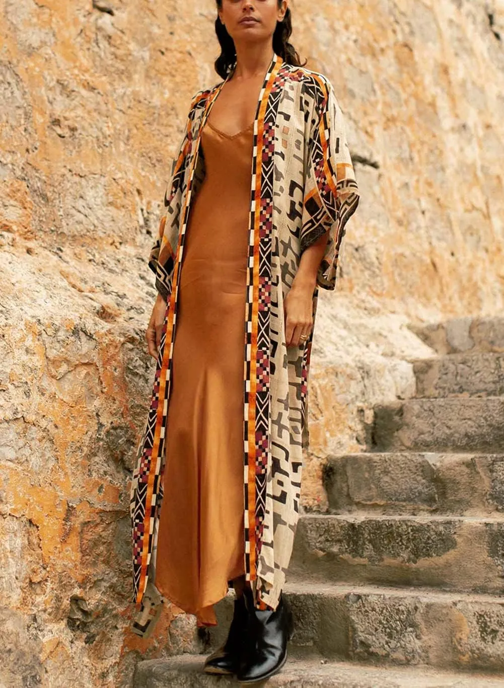 RanRui Beach cover up over sized kimonos Women's geometry Print Rayon kimonos with belt for summer