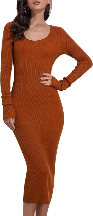 Rocorose Women's Crewneck Pullover Sweater Dress Elasticity Slim Fit Sweater Knitted Bodycon Dresses
