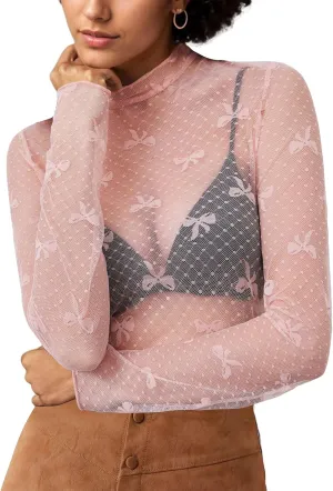 Sexy Lace Mesh Top Long Sleeve Sheer Top for Women See Though Mock Neck Bow Tee Shirt Blouse