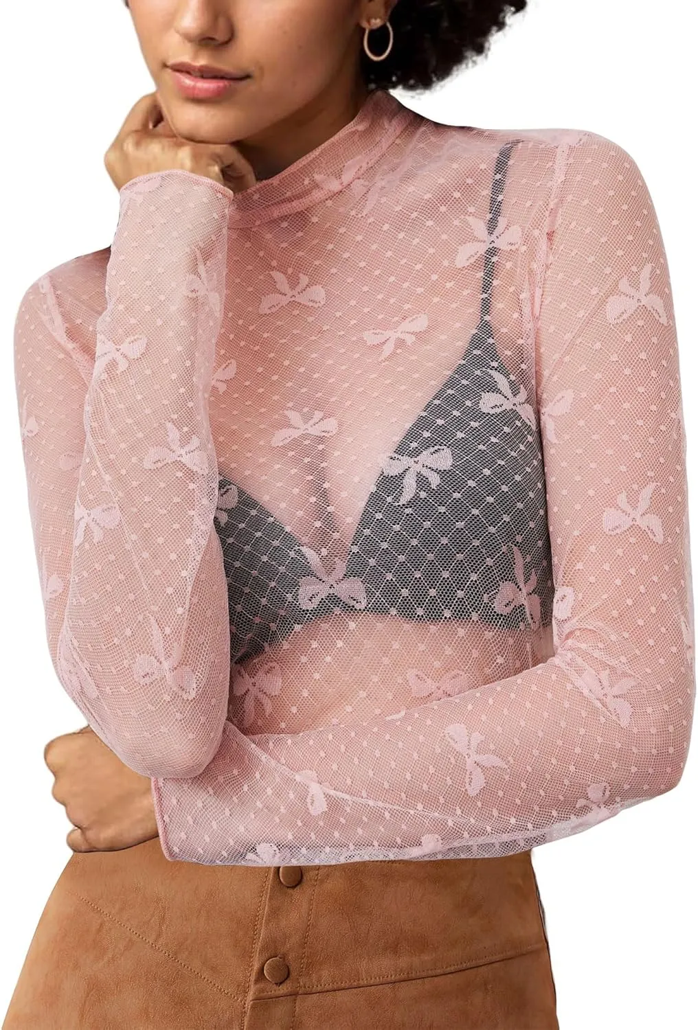 Sexy Lace Mesh Top Long Sleeve Sheer Top for Women See Though Mock Neck Bow Tee Shirt Blouse