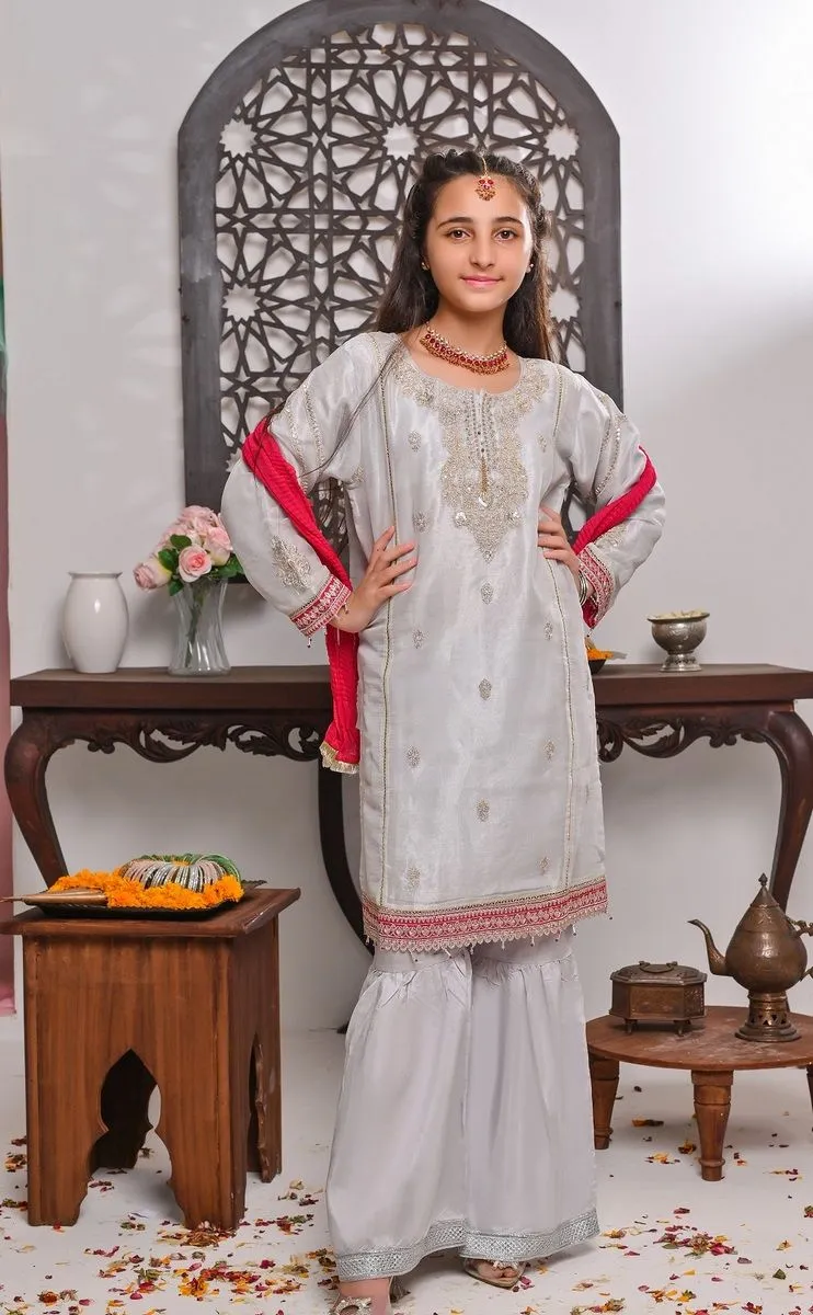 Shanzey Stitched 3 Piece Bari Eid Pret kids Formal Collection'2022-SHK-607-Silver