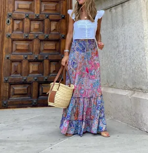 Spevert Women's Bohemian Floral Printed Elastic Waist A Line Maxi Skirt for Women Summer Casual Long Skirt