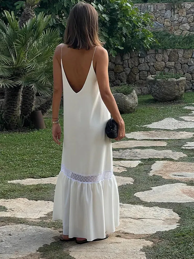 TAVIMART  -  Women Elegant Lace Patchwork Sling Maxi Dress Fashion V-neck Sleeveless Pleated Hem Dresses Summer Lady Loose Beach Robes 2024