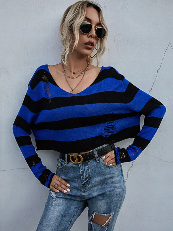 TEEK - Striped V-Neck Knitted Ripped Style Sweater