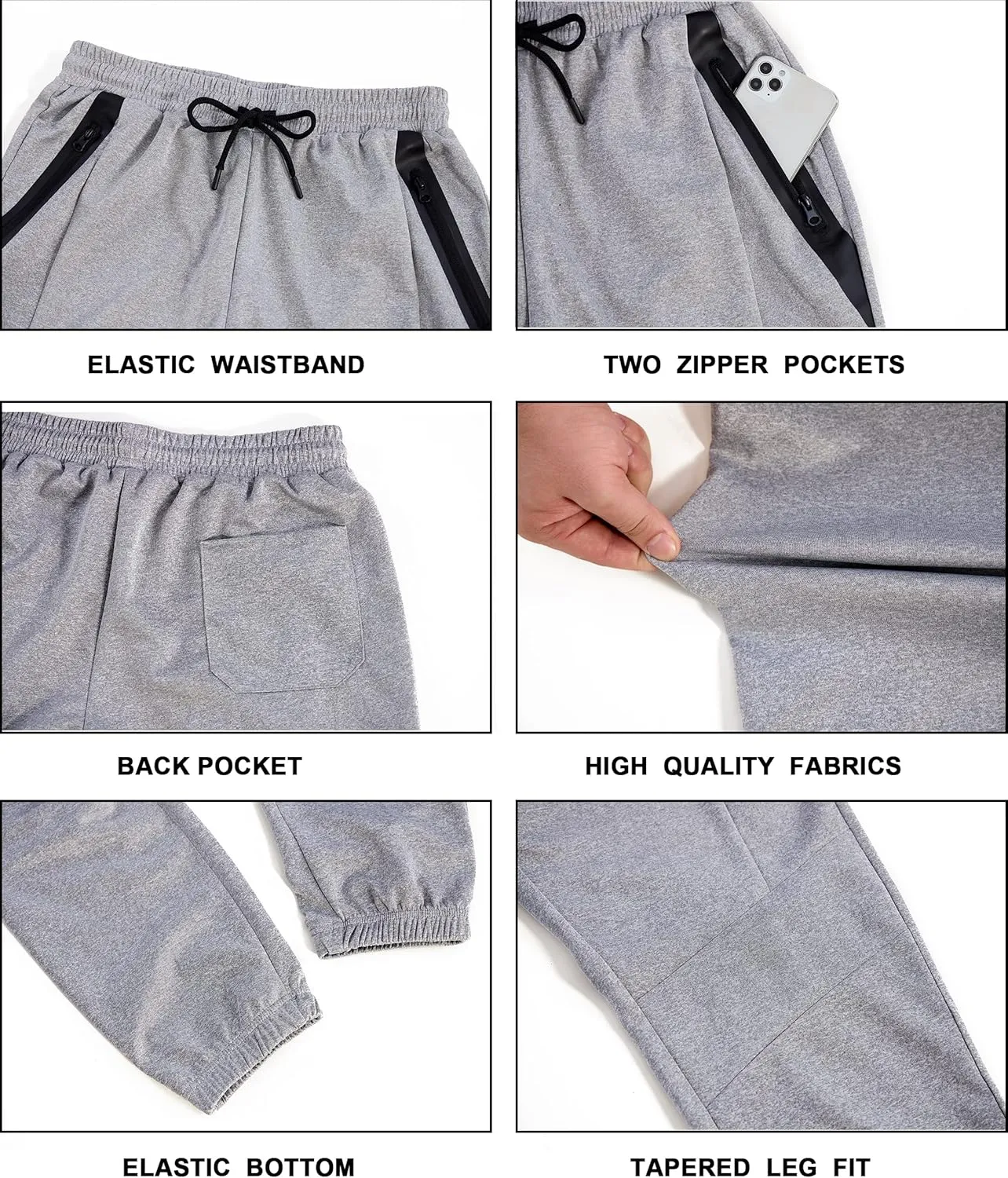 URBEX Mens Sweatpants with Zipper Pockets, Elastic Bottom Joggers Pants for Gym Running Workout Training
