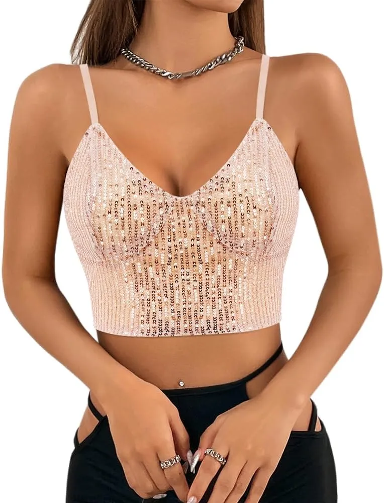 Vimoisa Women Reflective Metallic Tank Top Bustier Spaghetti Strap Crop Top Tight Sleeveless Tube Top Vest Blouse