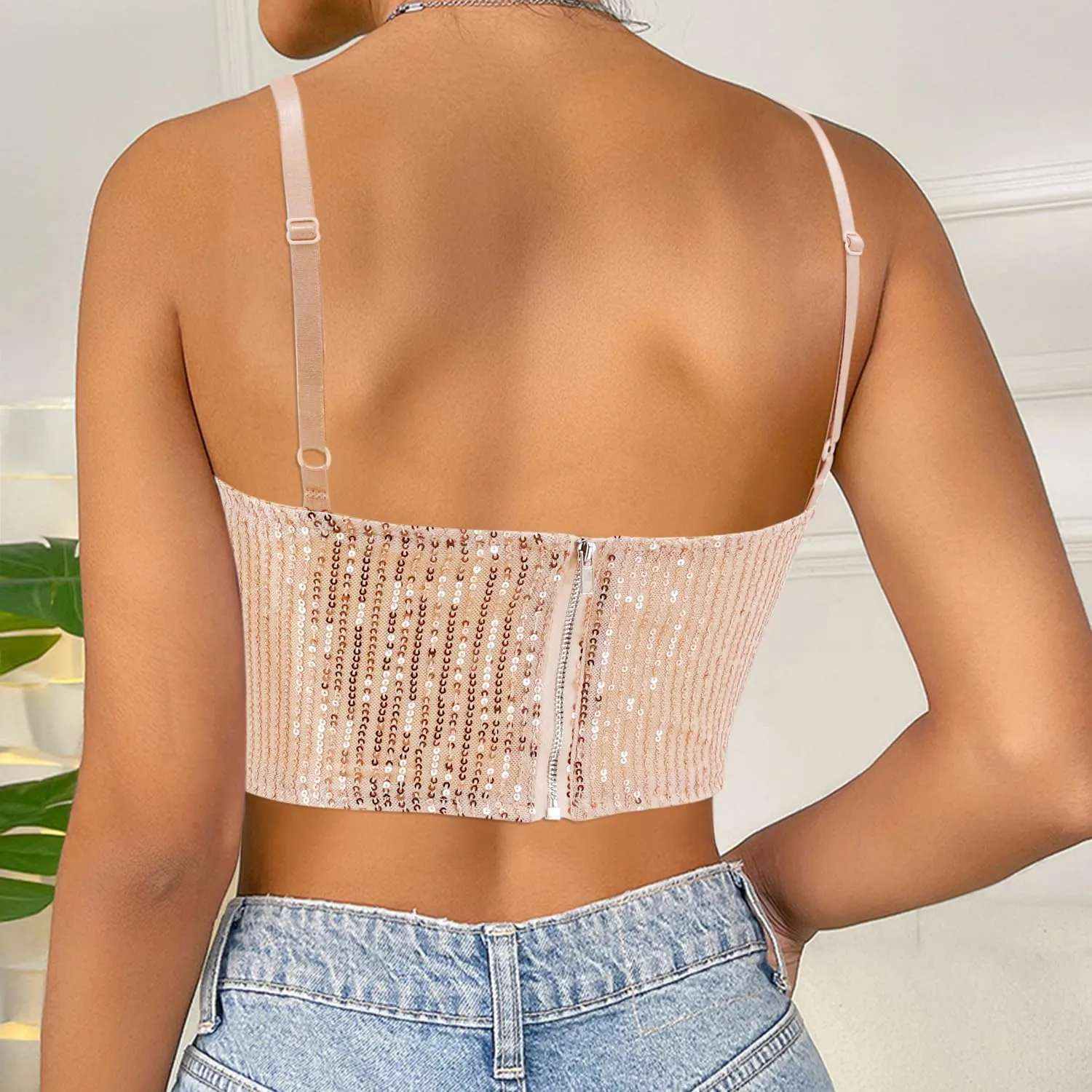 Vimoisa Women Reflective Metallic Tank Top Bustier Spaghetti Strap Crop Top Tight Sleeveless Tube Top Vest Blouse