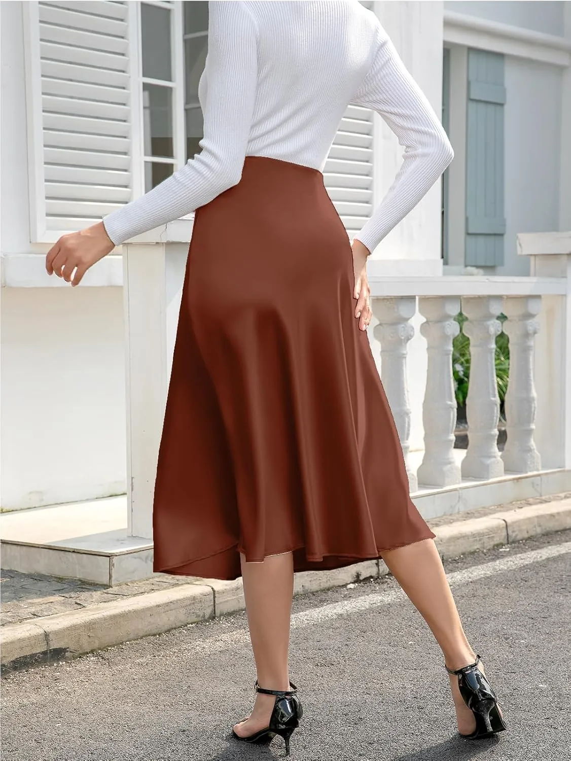 We1Fit Women's High Waisted Satin Skirt Elegant A-Line Cocktail Party Wedding Silk Skirts