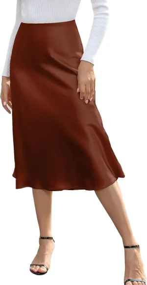 We1Fit Women's High Waisted Satin Skirt Elegant A-Line Cocktail Party Wedding Silk Skirts
