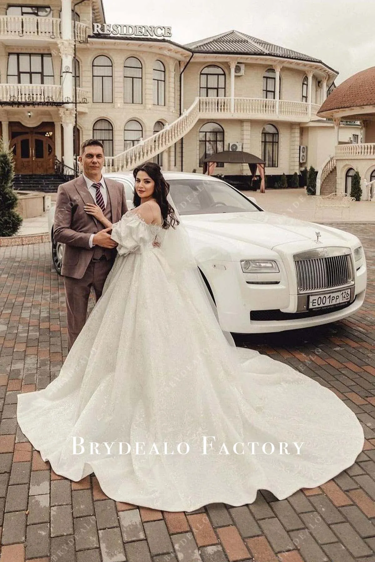 White Off-Shoulder Shimmer Long Train Wedding Ballgown