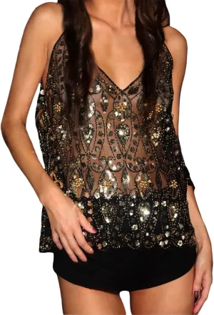 Women Y2K Sequin Mesh Tank Top V Neck Beaded Halter Cami Crop Top Sleeveless Backless Glitter Rhinestone Sparkly Camisole