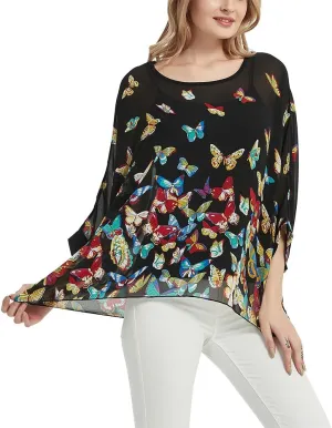 Women's Bohemian Style Summer Beach Lagenlook Top Kimono Loose Waterfall Chiffon Kaftan Poncho Shirt