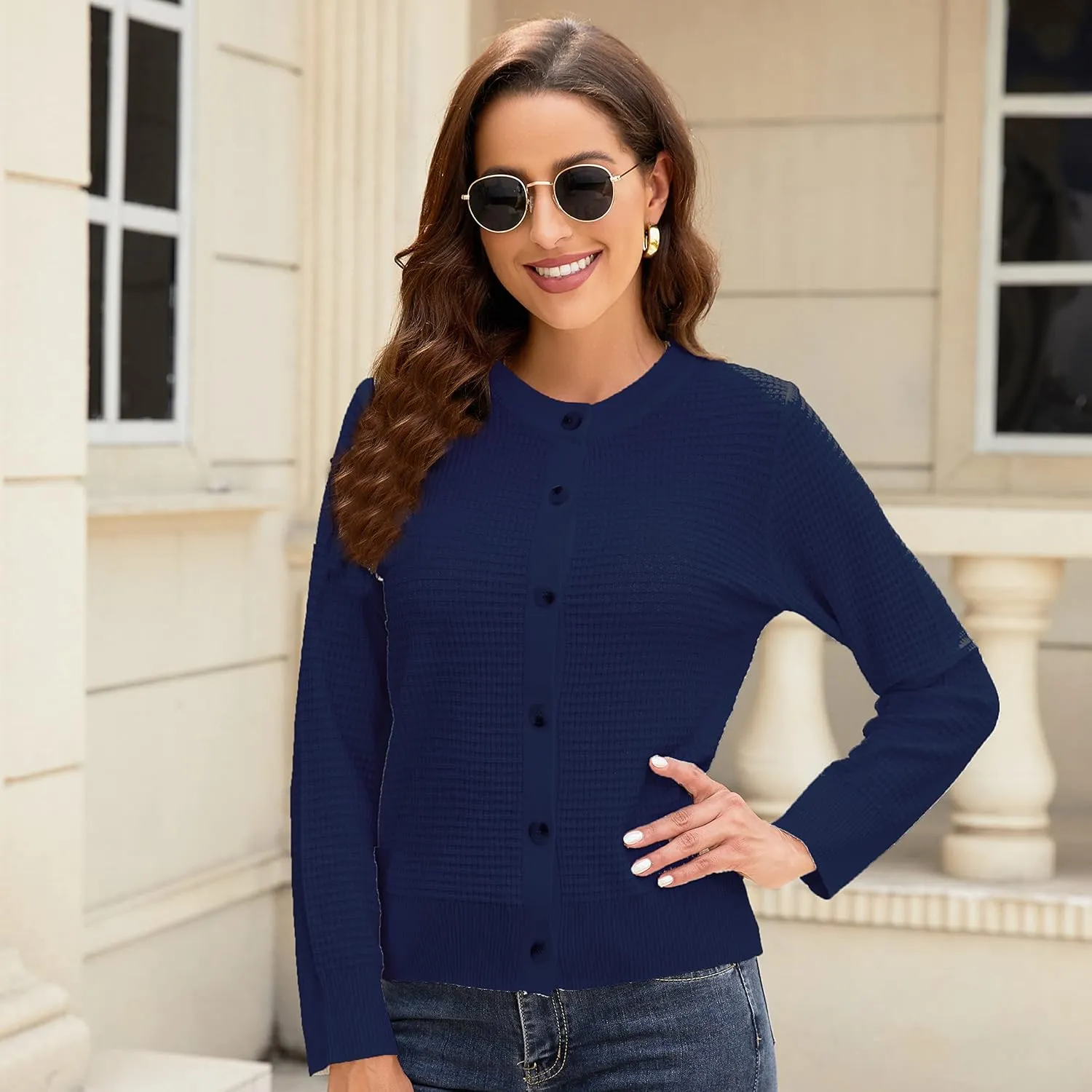Women's Crew Neck Button Down Long Sleeve Solid Knit Classic Cardigan Sweater