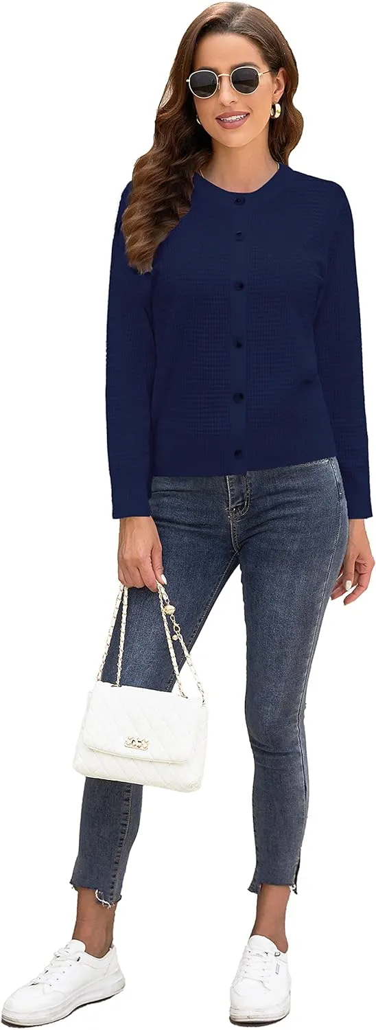 Women's Crew Neck Button Down Long Sleeve Solid Knit Classic Cardigan Sweater