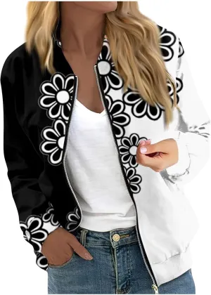 Womens Fashion Fall Bomber Jacket Casual Lightweight Coat Dressy Floral Printed Zip Up Outwear Gifts for Women
