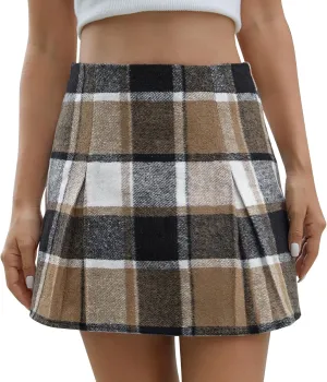 Women's Plaid Mini Skirt Zipper Side High Waisted Pleated A Line Short Skirt