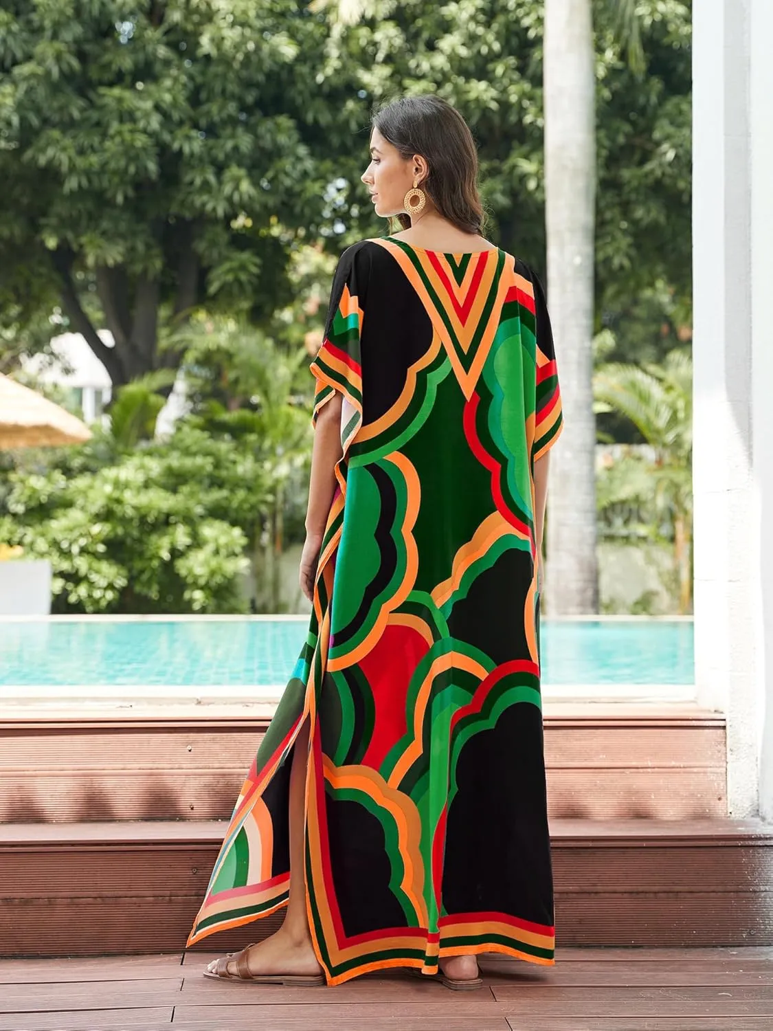 Women's Plus Size Loose Fit Moroccan Print V-Neck Batwing Kaftan Beach Dress Bathing Suit Cover Up