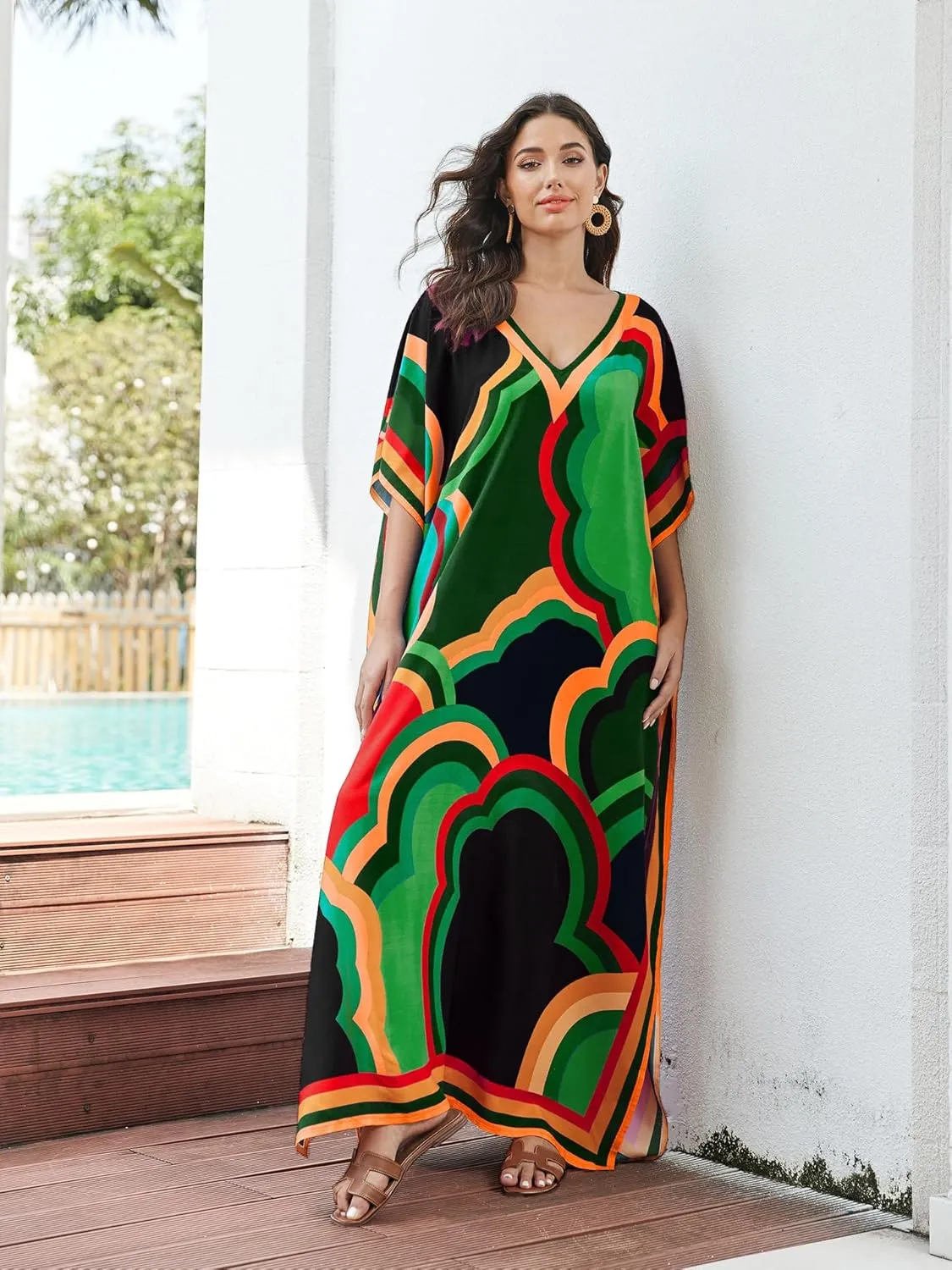 Women's Plus Size Loose Fit Moroccan Print V-Neck Batwing Kaftan Beach Dress Bathing Suit Cover Up