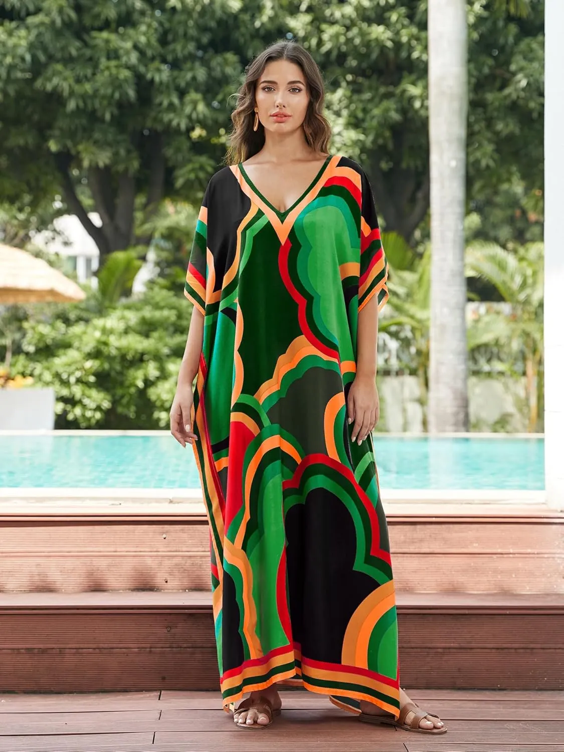 Women's Plus Size Loose Fit Moroccan Print V-Neck Batwing Kaftan Beach Dress Bathing Suit Cover Up