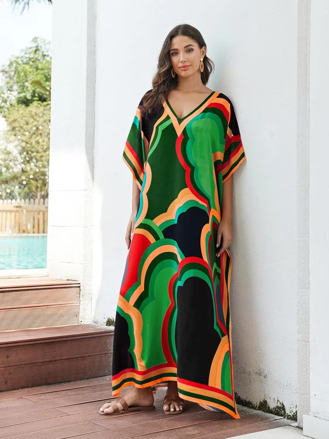 Women's Plus Size Loose Fit Moroccan Print V-Neck Batwing Kaftan Beach Dress Bathing Suit Cover Up