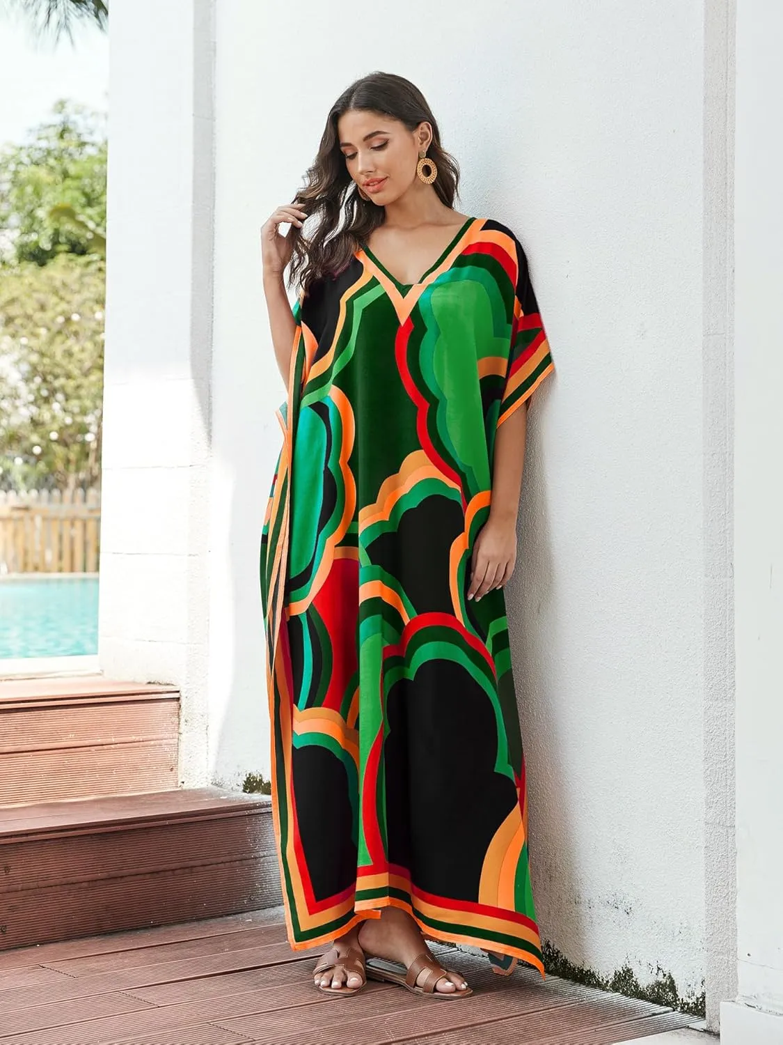 Women's Plus Size Loose Fit Moroccan Print V-Neck Batwing Kaftan Beach Dress Bathing Suit Cover Up