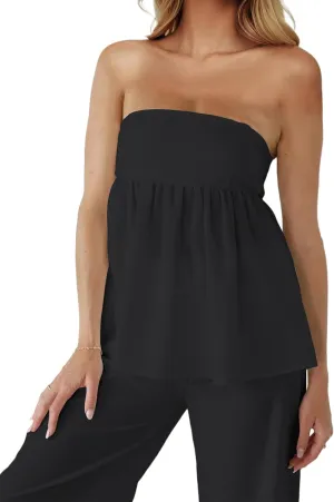 Womens Ruffle Peplum Tube Top Smocked Backless Long Tube Tops Casual Sleeveless Strapless Flowy Tank Top