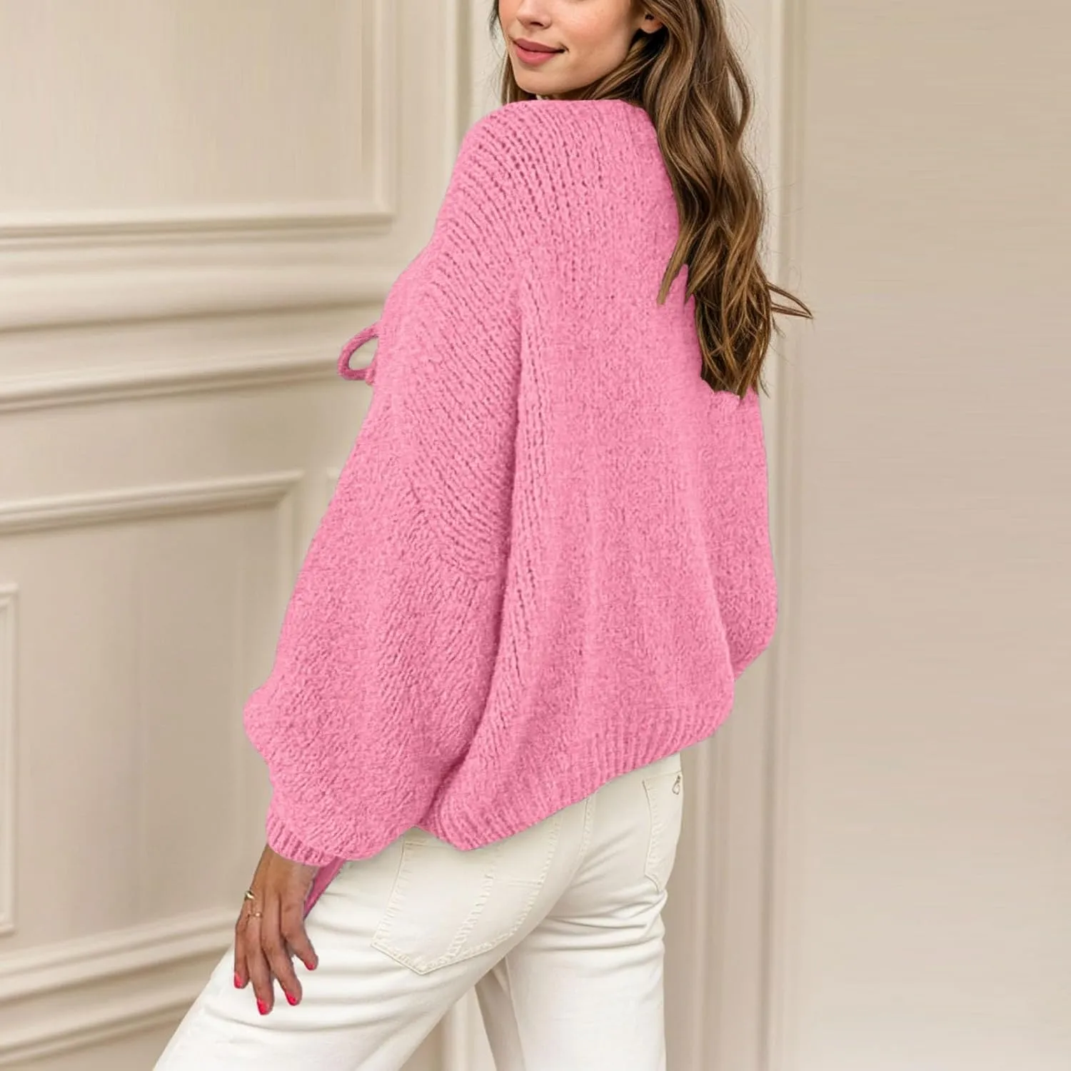 Womens Tie Front Cardigan Sweaters Cute Bow Chunky Long Puff Sleeve Sweater Fall Winter Jacket Coat