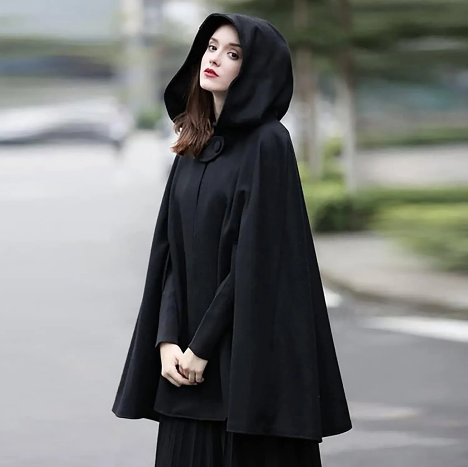 XUNRYAN Womens Renaissance Wool Blend Cloak with Hood Vintage Robes Solid Casual Cropped Cape Coat Cosplay Halloween Costume