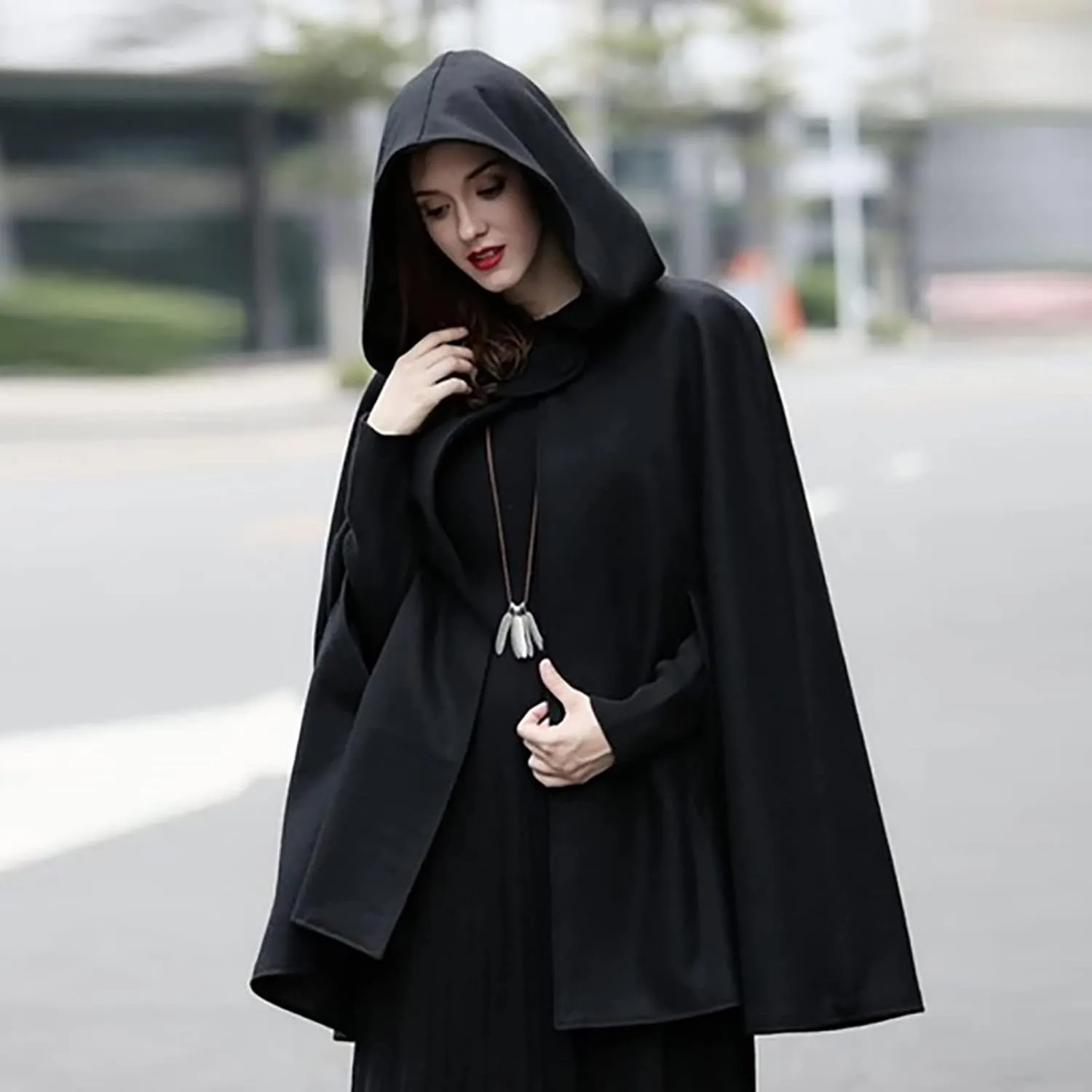 XUNRYAN Womens Renaissance Wool Blend Cloak with Hood Vintage Robes Solid Casual Cropped Cape Coat Cosplay Halloween Costume